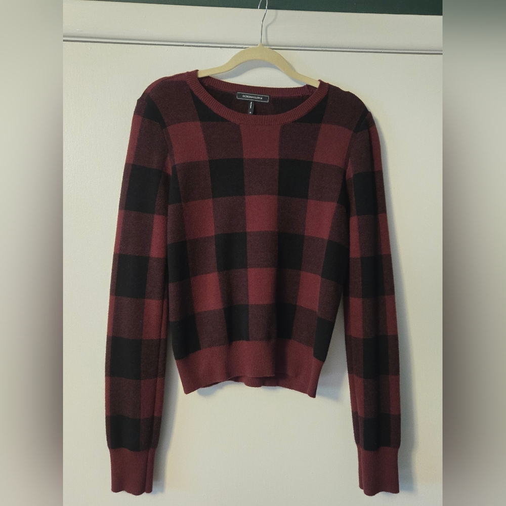 BCBGMaxAzria Black and Burgundy Plaid Sweater. NWOT